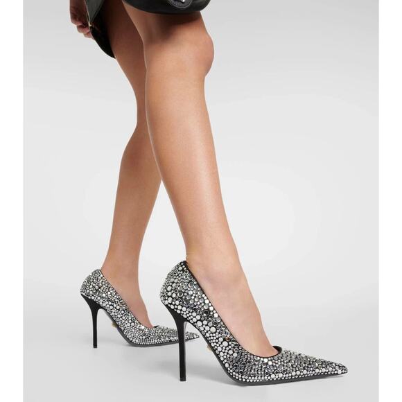 Versace Pumps 40/US 10 Black Crystal Embellished Leather Heel NIB $1,450 - Picture 2 of 14